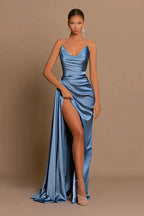 Elegant Dusty Blue Long Mermaid Sweetheart Sleeveless Formal Prom Dress With Slit