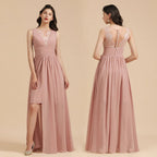 Elegant Dusty Pink Sleeveless Floral Lace Bridesmaid Dress Side Split Party Dress