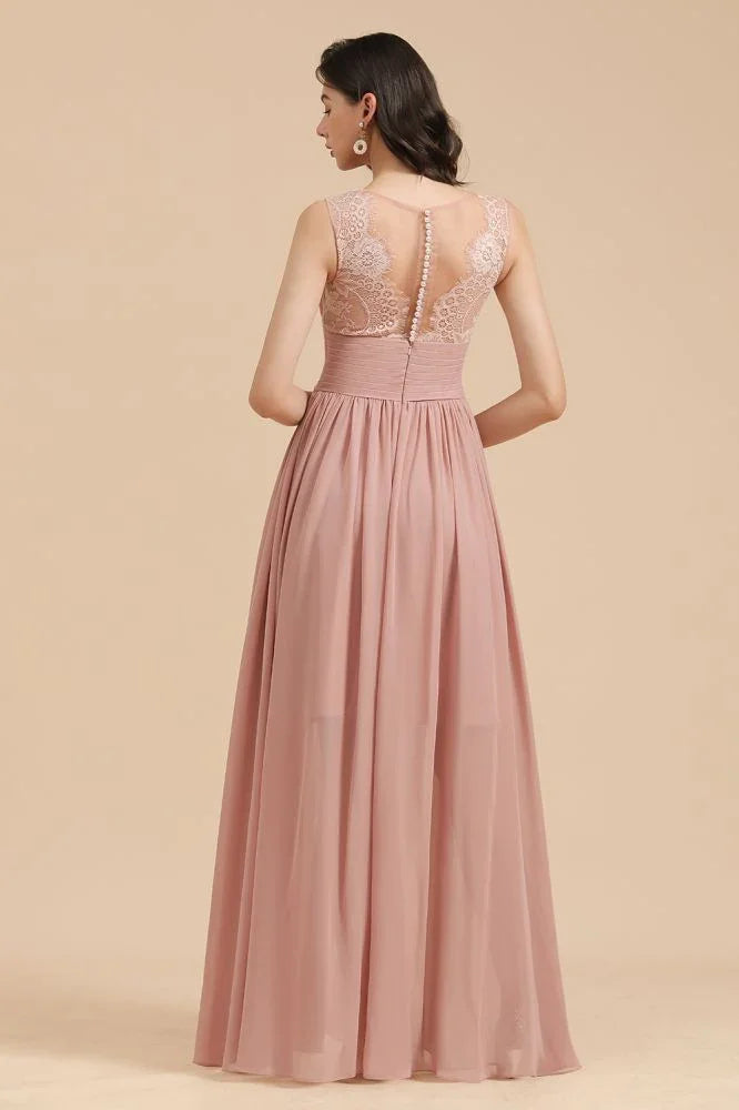 Elegant Dusty Pink Sleeveless Floral Lace Bridesmaid Dress Side Split Party Dress