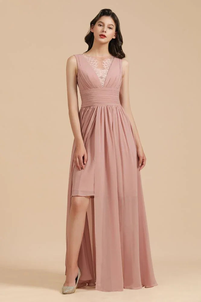Elegant Dusty Pink Sleeveless Floral Lace Bridesmaid Dress Side Split Party Dress