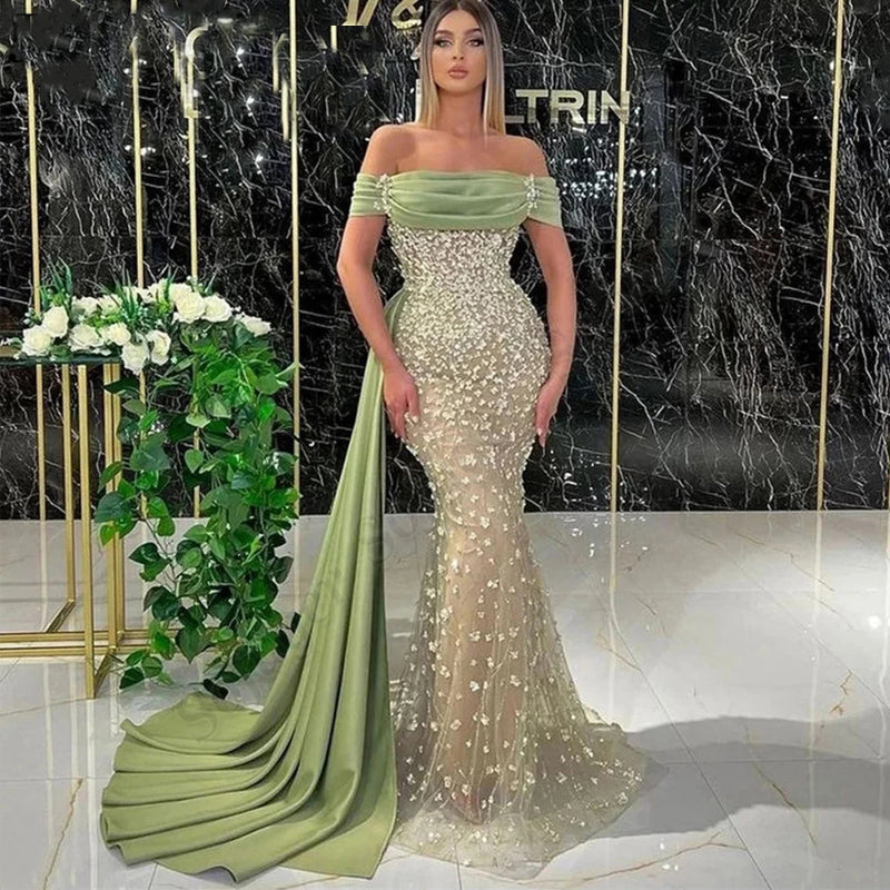 Elegant Dusty Sage Long Mermaid Off-the-shoulder Prom Dress With Lace