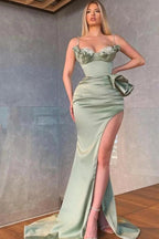 Elegant Dusty Sage Spaghetti Straps Mermaid Prom Dress With Slit