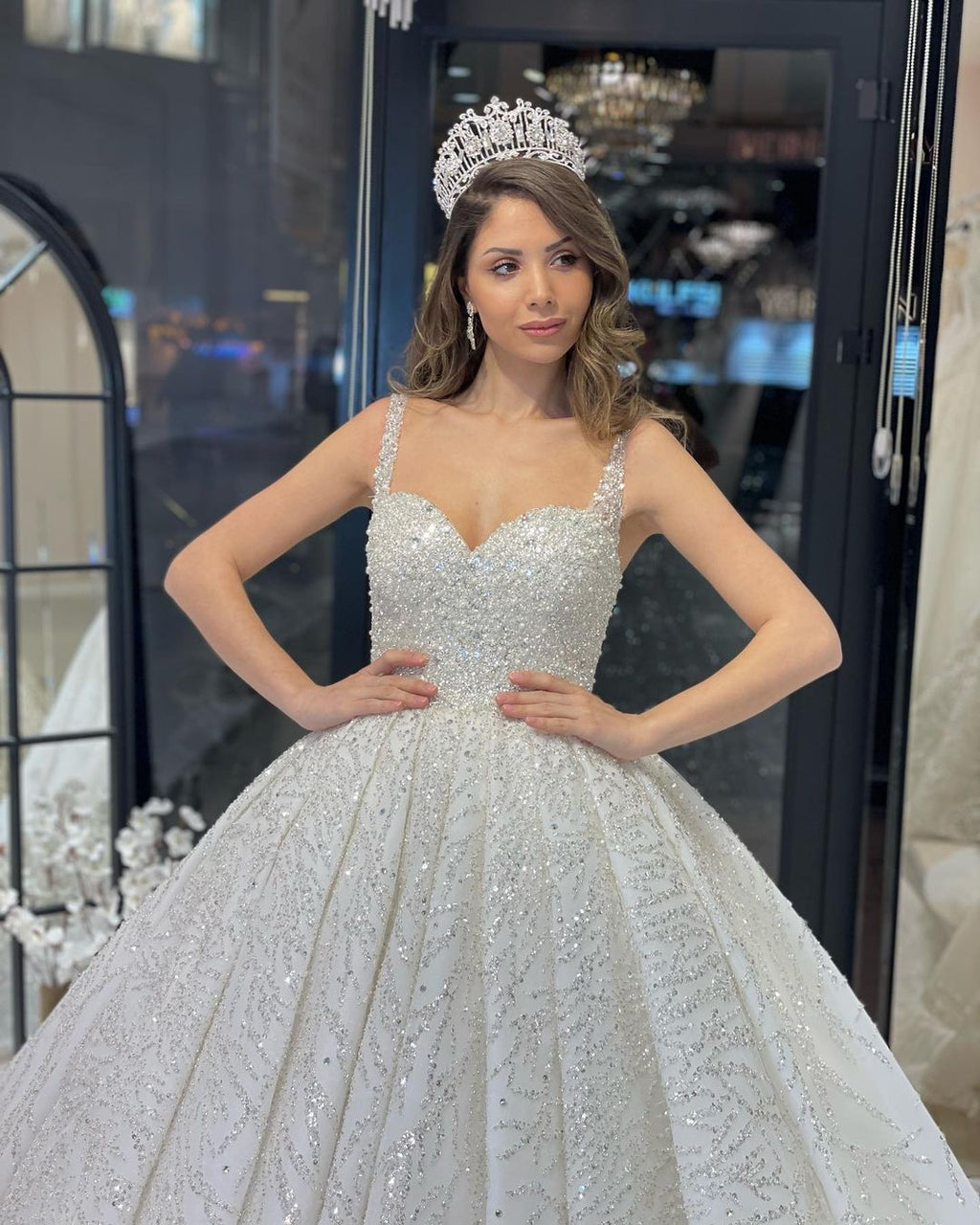 Elegant Floor Length Sweetheart Sleeveless A-Line Sequined Wedding Dress with Ruffles