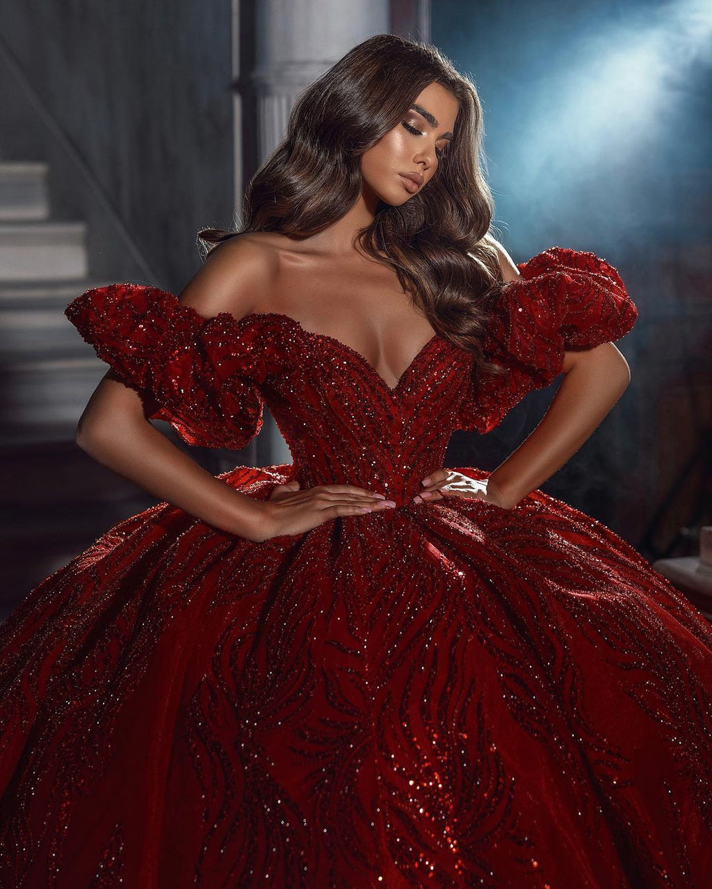 Elegant Floor Length V-Neck Sleeveless Off-The-Shoulder A-Line Sequined Wedding Dress with Ruffles