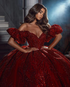Elegant Floor Length V-Neck Sleeveless Off-The-Shoulder A-Line Sequined Wedding Dress with Ruffles