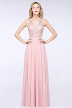 Elegant Floral Appliques aline Bridesmaid Dress Dusty Pink Chiffon FloorLength Formal Dress