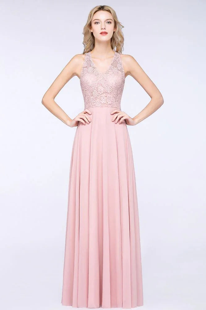 Elegant Floral Appliques aline Bridesmaid Dress Dusty Pink Chiffon FloorLength Formal Dress
