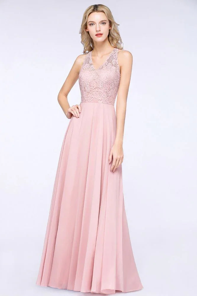 Elegant Floral Appliques aline Bridesmaid Dress Dusty Pink Chiffon FloorLength Formal Dress