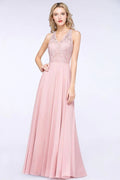 Elegant Floral Appliques aline Bridesmaid Dress Dusty Pink Chiffon FloorLength Formal Dress