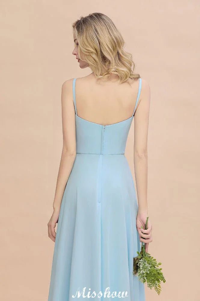 Elegant Front Split Bridesmaid Dress Garden Spaghetti Straps V-neck Floor Length Dress