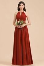 Elegant Halter Aline Chiffon Bridesmaid Dress Sleeveless Floor Length Wedding Party Dress