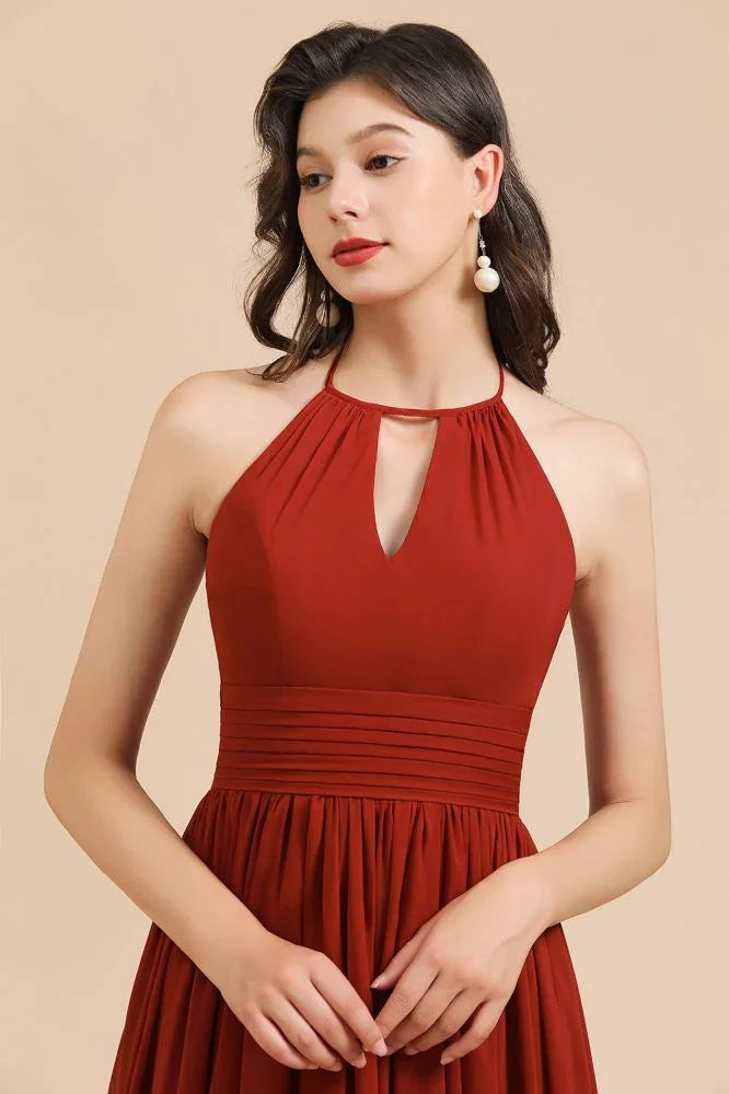 Elegant Halter Aline Chiffon Bridesmaid Dress Sleeveless Floor Length Wedding Party Dress