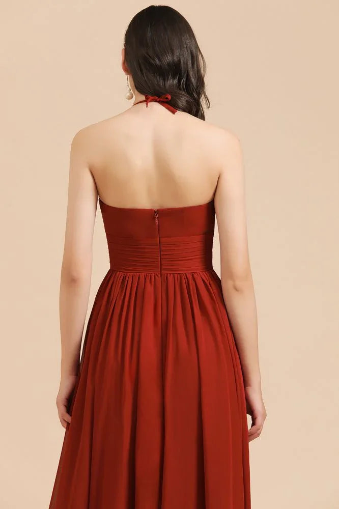 Elegant Halter Aline Chiffon Bridesmaid Dress Sleeveless Floor Length Wedding Party Dress