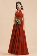 Elegant Halter Aline Chiffon Bridesmaid Dress Sleeveless Floor Length Wedding Party Dress