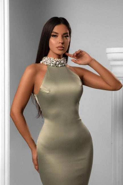 Elegant halter sleeveless mermaid satin prom dress beading