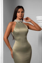 Elegant halter sleeveless mermaid satin prom dress beading