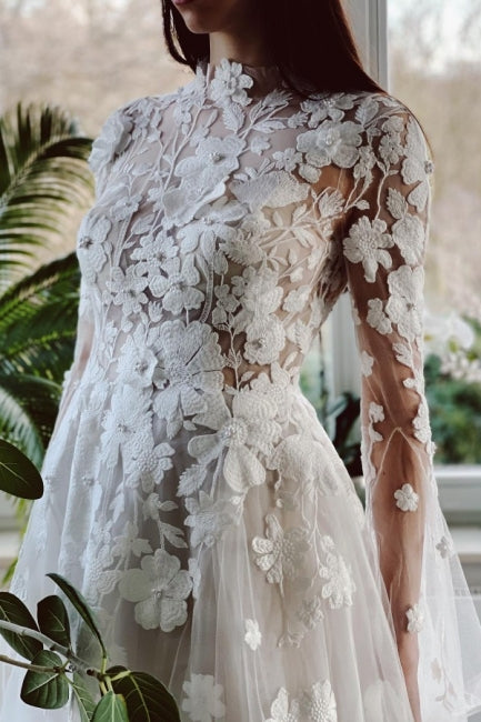 Elegant High Collar Long Sleeves A-Line Lace Wedding Dress with Chapel Train