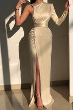 Elegant Ivory One-shoulder Long-Sleeve Sheath Prom Dresses with Sequins