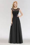 Elegant Jewel Sleeveless floor-Length A-line Lace Black Bridesmaid Dress