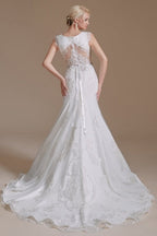 Elegant Jewel Sleeveless Mermaid Floor-Length Satin Wedding Dresses with Lace
