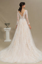 Elegant Lace Deep V-neck Wedding Dress Long Sleeve Floor Length Bridal Gowns