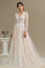Elegant Lace Deep V-neck Wedding Dress Long Sleeve Floor Length Bridal Gowns