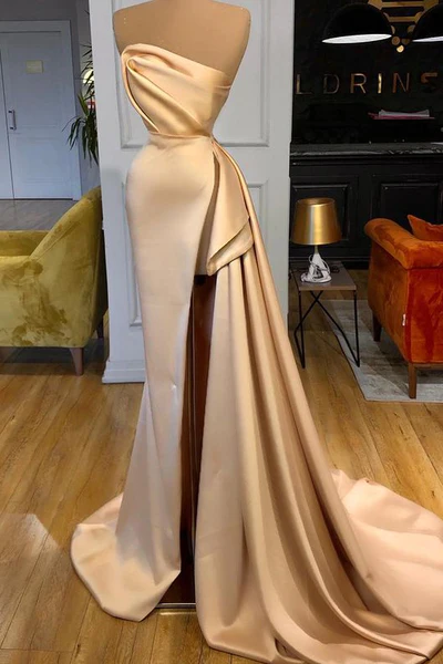 Elegant Long A-line Champagne Strapless Prom Dress With Slit