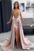 Elegant Long A-line Lace Sequined Sleeveless Prom Dress With Slit