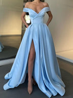 Elegant Long A-line Off the Shoulder Satin Formal Prom Dresses with Slit