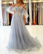 Elegant Long A-line Off the Shoulder Tulle Formal Prom Dress with Sleeves