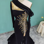 Elegant Long A-line One Shoulder Beading Prom Dress With Long Sleeves