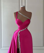 Elegant Long A-line One Shoulder Sweetheart Sleeveless Satin Prom Dress With Slit