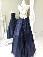 Elegant Long A-line Strapless Sequined Open Back Formal Prom Dresses