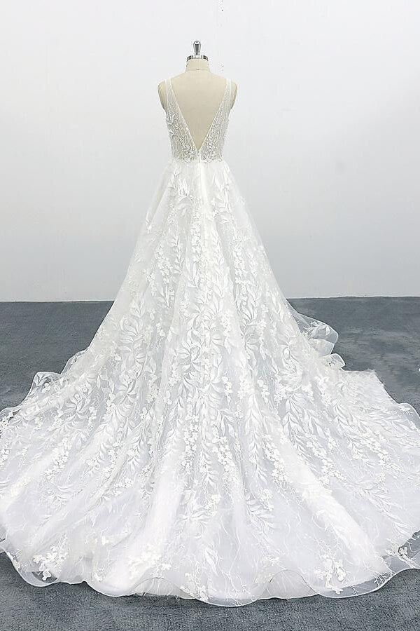 Elegant Long A-line V-neck Appliques Lace Tulle Backless Wedding Dress