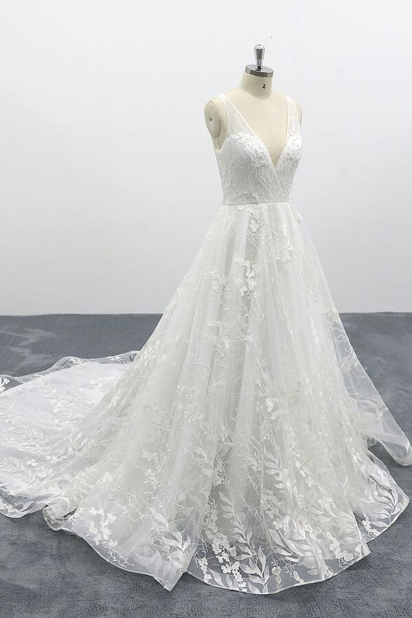 Elegant Long A-line V-neck Appliques Lace Tulle Backless Wedding Dress