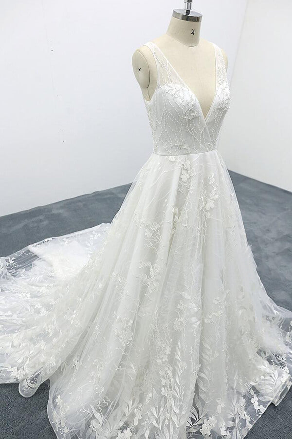 Elegant Long A-line V-neck Appliques Lace Tulle Backless Wedding Dress