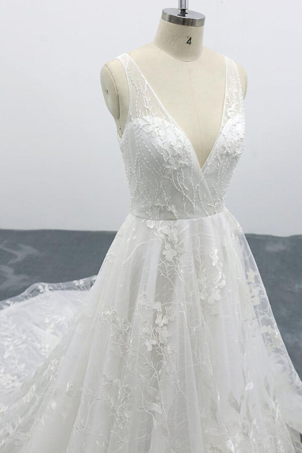 Elegant Long A-line V-neck Appliques Lace Tulle Backless Wedding Dress