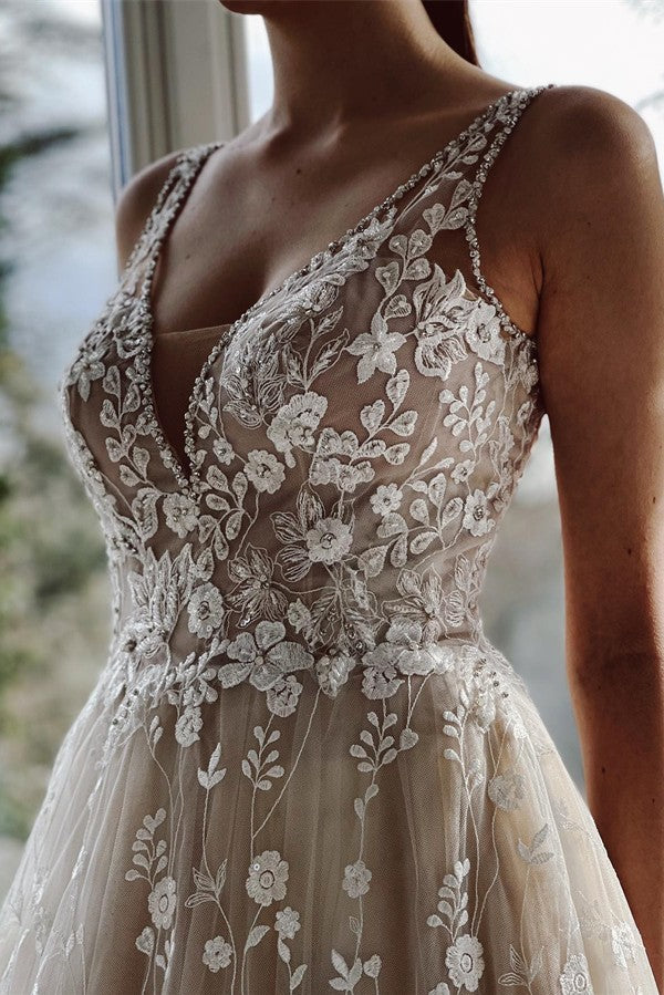 Elegant Long A-line V-neck Backless Tulle Lace Wedding Dresses