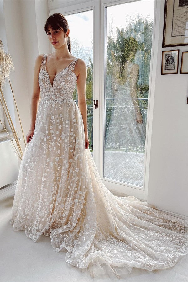 Elegant Long A-line V-neck Backless Tulle Lace Wedding Dresses