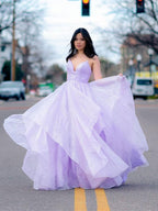Elegant Long A-line V-neck Open Back Graduation Prom Dresses