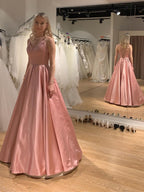 Elegant Long A-line V-neck Satin Backless Graduation Prom Dresses