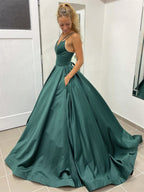 Elegant Long A Line V Neck Satin Open Back Formal Graduation Prom Dresses with Pockets