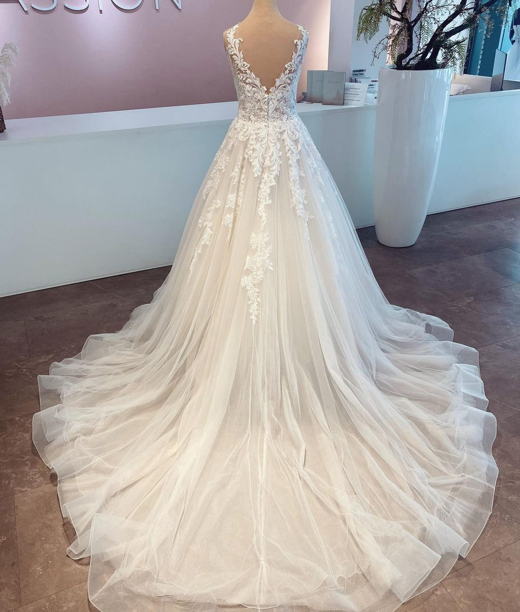 Elegant Long A-line V-neck Tulle Lace Wedding Dress