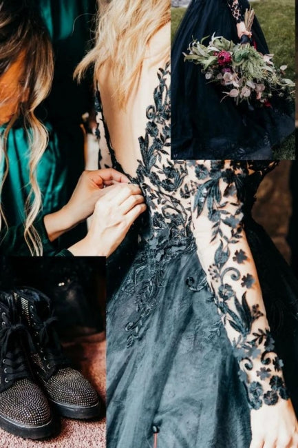 Elegant Long Black A-line V-neck Long Sleeves Wedding Dresses With Lace