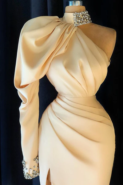 Elegant Long Champagne High Neck One Shoulder Split Prom Dress With Slit