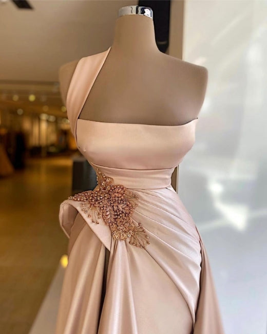 Elegant Long Champagne High Split Prom Dresses