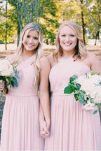Elegant Long Chiffon Pink Bridesmaid Dress with Sash BD072