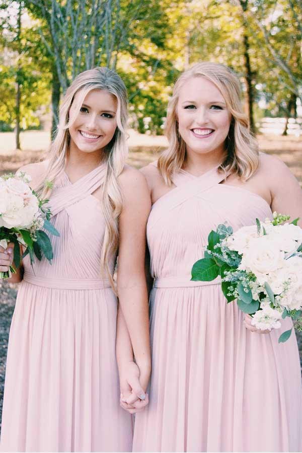 Elegant Long Chiffon Pink Bridesmaid Dress with Sash BD072