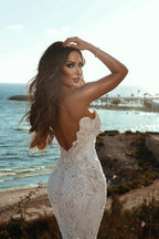 Elegant Long Meramid Sweetheart Backless Tulle Wedding Dress with Appliques Lace