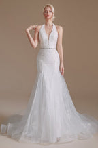 Elegant Long Mermaid Halter Tulle Floor-Length Wedding Dress with Appliques Lace
